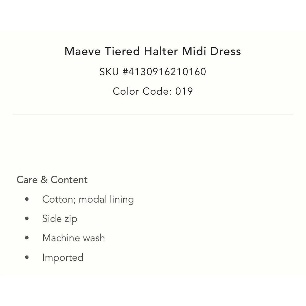 Anthropologie Maeve Midi Dress Women Halter Tired Preppy Cotton Flowy Sz 14 New